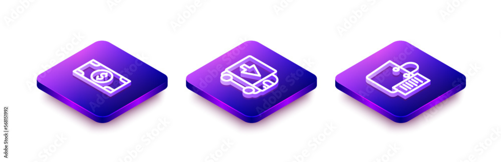 Set Isometric line Stacks paper money cash, Delivery cargo truck and Shopping list icon. Vector Set Isometric line Stacks paper money cash, Delivery cargo truck and Shopping list icon. Vector