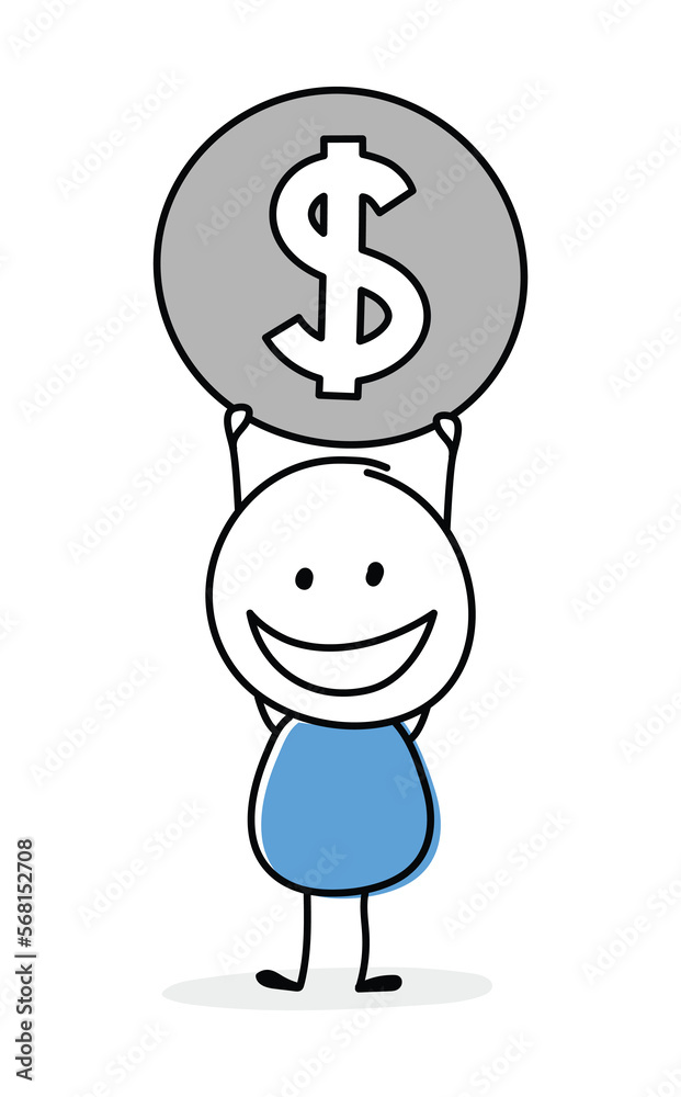 Funny cartoon stickman holding dollar icon. Hand drawn design for a business presentation. Vector illustration Funny cartoon stickman holding dollar icon. Hand drawn design for a business presentation. Vector illustration