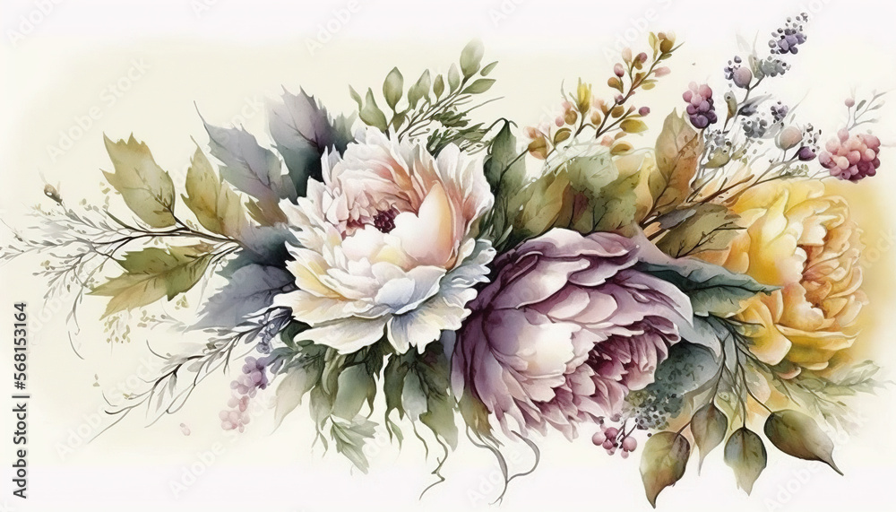 Bouquet Of Flowers on White Background, A Vibrant Watercolor Floral Illustration, A Bouquet of colorfull painting of Leaves and a flowers, Generative AI Bouquet Of Flowers on White Background, A Vibrant Watercolor Floral Illustration, A Bouquet of colorfull painting of Leaves and a flowers, Generative AI