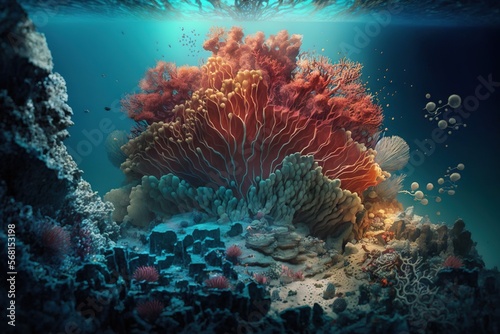  an underwater scene of corals and sea anemones on a coral reef in the blue water of the ocean with sunlight coming through the water.  generative ai © Anna