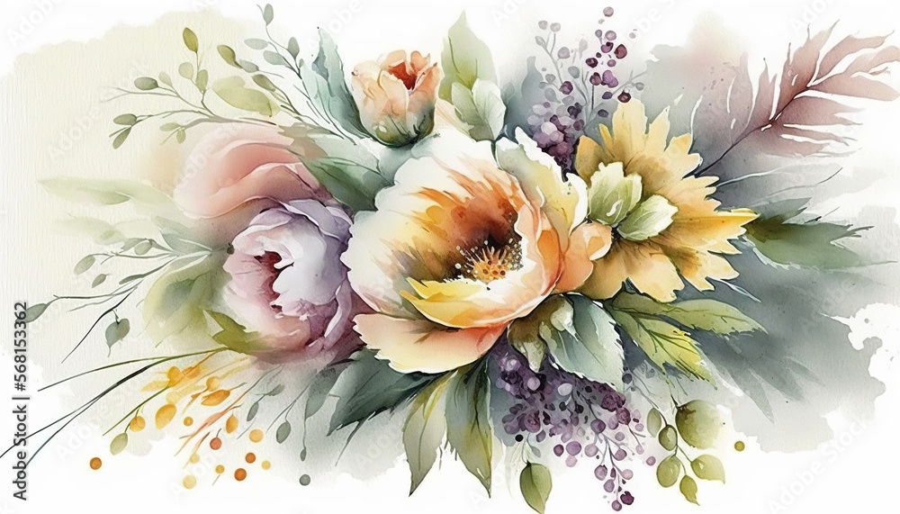  Bouquet Of Flowers on White Background, A Vibrant Watercolor Floral Illustration, A Bouquet of colorfull painting of Leaves and a flowers, Generative AI
