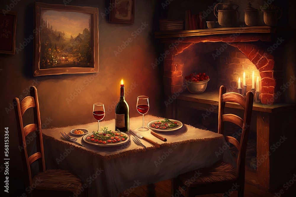 a painting of a dinner table with a bottle of wine and two plates of food on the table with a lit candle in the middle. generative ai a painting of a dinner table with a bottle of wine and two plates of food on the table with a lit candle in the middle. generative ai