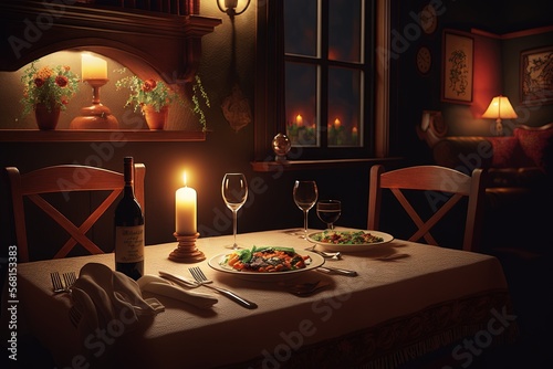  a table with a plate of food and a bottle of wine with a lit candle on it in a dimly lit room with a window.  generative ai