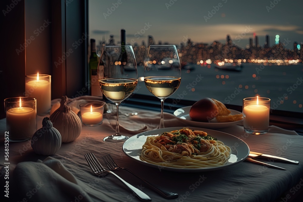 a plate of spaghetti and wine on a table with a view of a city at night in the background with candles and wine glasses on the table.  generative ai