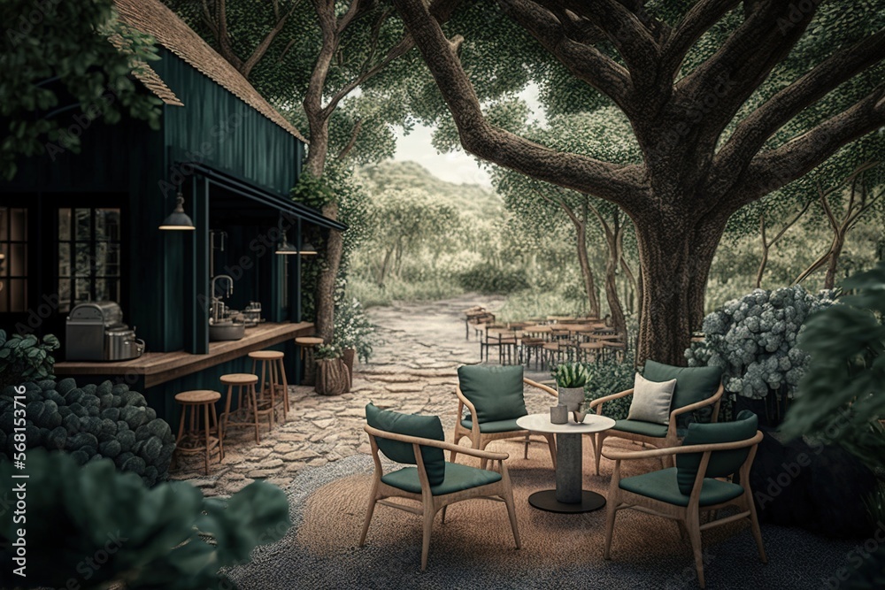  a painting of a patio with a table and chairs under a tree with a view of a path through the trees to a bar and a restaurant.  generative ai