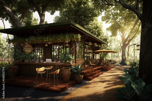  a rendering of a small bar in the middle of a park with a lot of trees and plants on the side of the building and a sidewalk.  generative ai