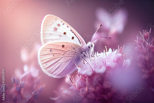 Preciosa Mariposa Rosa sobre Flores Blancas y un fondo desenfocado - Generative AI © Pedro