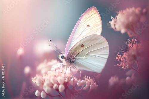 Preciosa Mariposa Rosa sobre Flores Blancas y un fondo desenfocado - Generative AI © Pedro