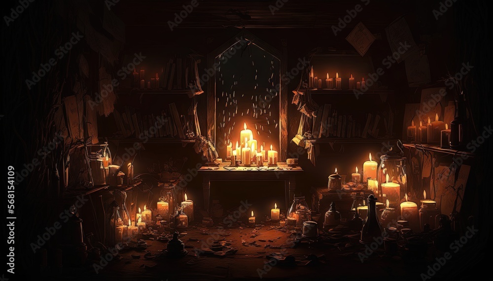  a room filled with lots of candles and a mirror on the side of the room filled with lots of candles and a mirror on the wall.  generative ai