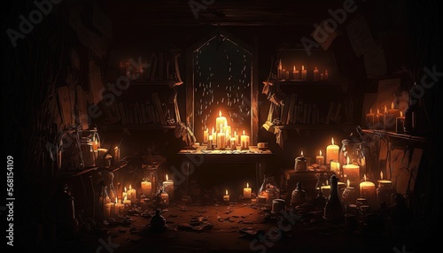  a room filled with lots of candles and a mirror on the side of the room filled with lots of candles and a mirror on the wall. generative ai