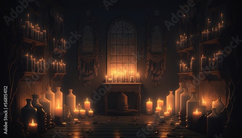  a dark room with many lit candles and a window in the corner of the room with a clock on the wall and a fireplace in the corner of the room. generative ai