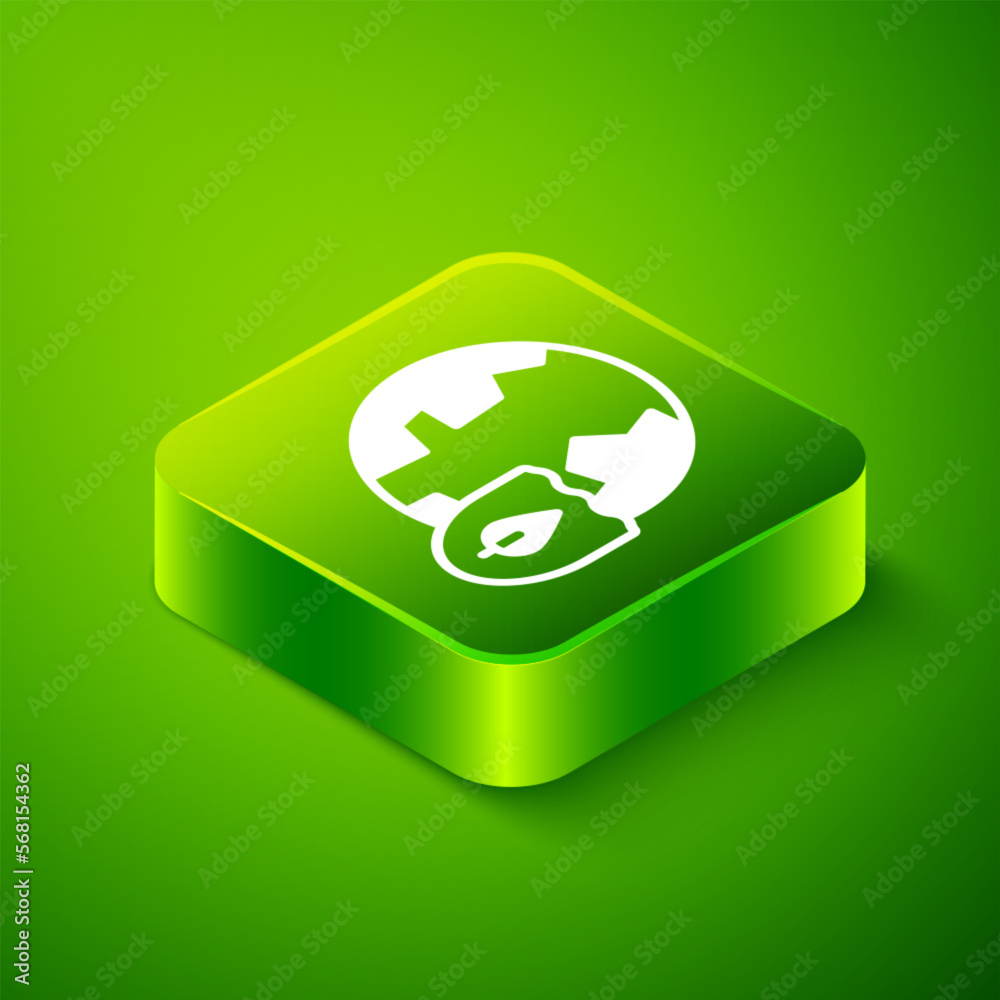 Isometric Earth with shield icon isolated on green background. Insurance concept. Security, safety, protection, privacy concept. Green square button. Vector Isometric Earth with shield icon isolated on green background. Insurance concept. Security, safety, protection, privacy concept. Green square button. Vector