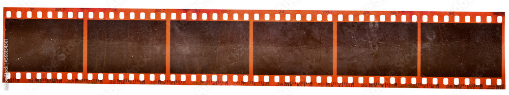 real macro photo of long 35mm filmstrip with empty frames or cells. film material with dust. blank photo mock up.