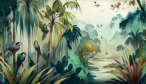 A Vibrant Watercolor Jungle Illustration, A Colorfull painting of Birds, trees, Leaves and a flowers, river, Generative AI