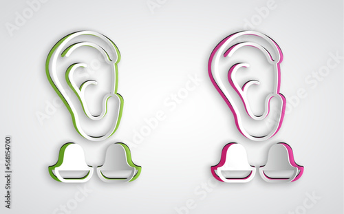Paper cut Earplugs and ear icon isolated on grey background. Ear plug sign. Noise symbol. Sleeping quality concept. Paper art style. Vector