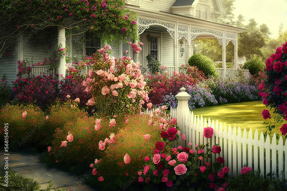 A picturesque garden bed with an array of rose bushes, generative ai
