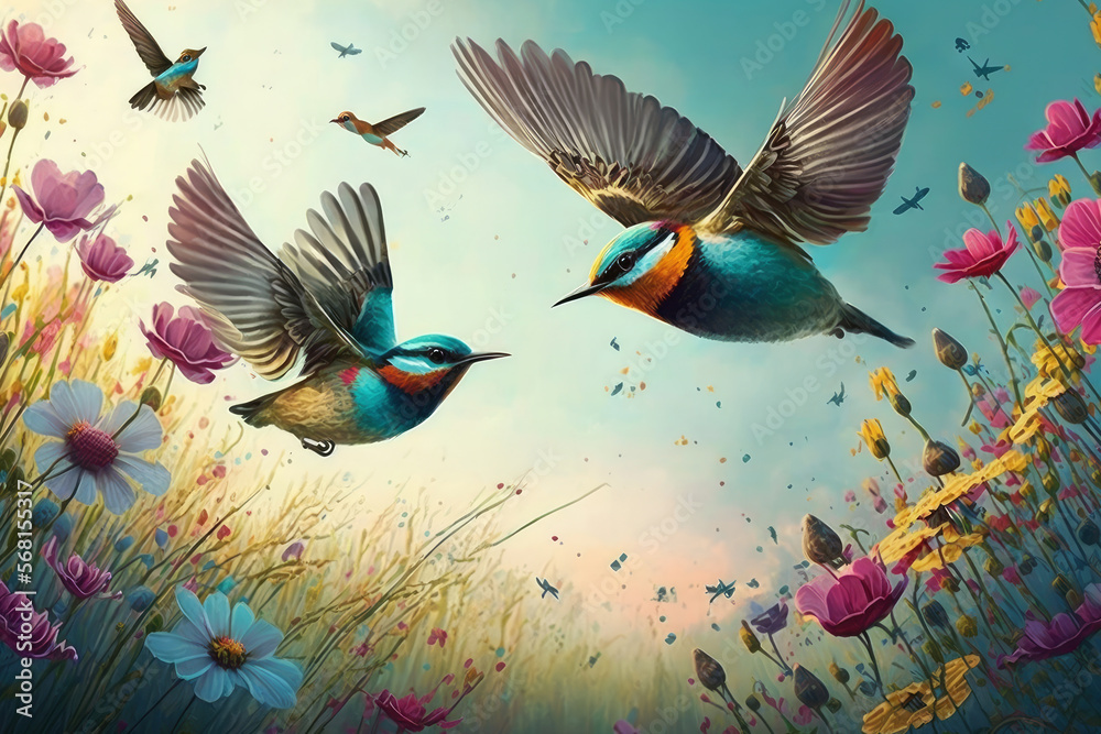 Birds flying above a meadow full of flowers, generative ai