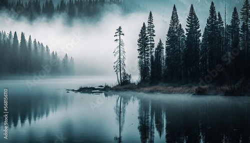  a lake surrounded by trees in the middle of a forest covered in fog and foggy clouds, with a small island in the middle of the water.  generative ai © Anna