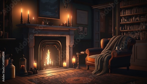  a living room with a fire place and a chair with a blanket on it and a blanket draped over the fire place and a chair with a blanket on it. generative ai