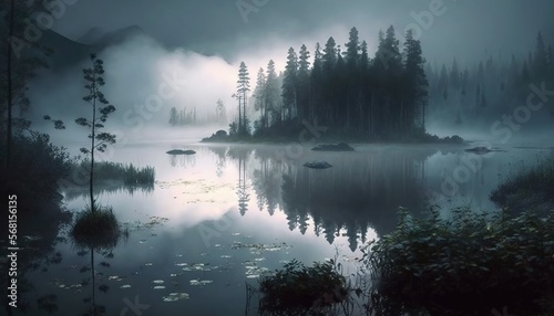  a foggy lake with a small island in the middle of the water and trees in the distance, with a few boats floating on the water. generative ai
