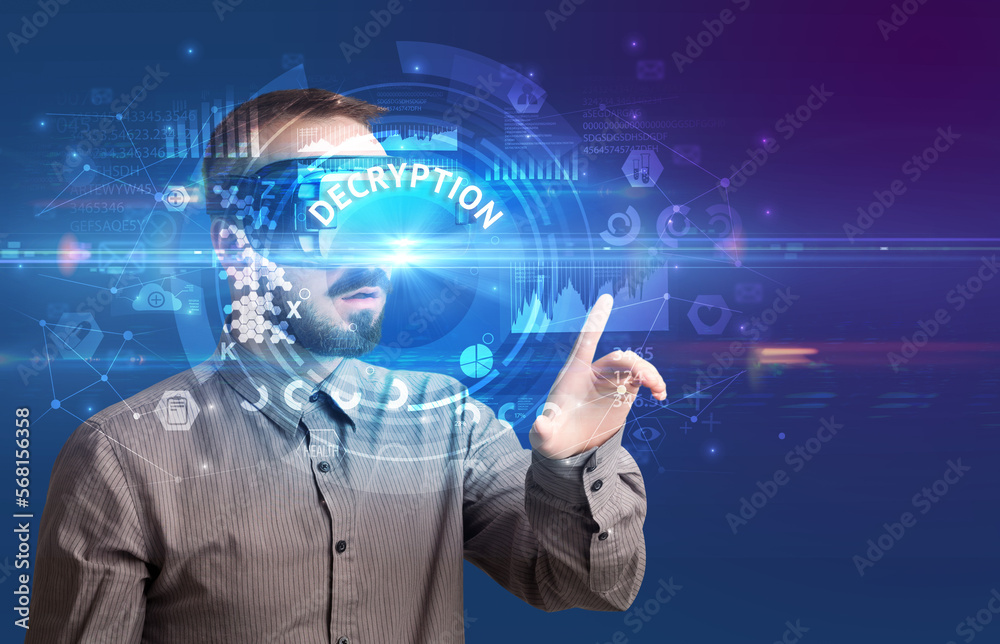Businessman looking through VR glasses Businessman looking through VR glasses