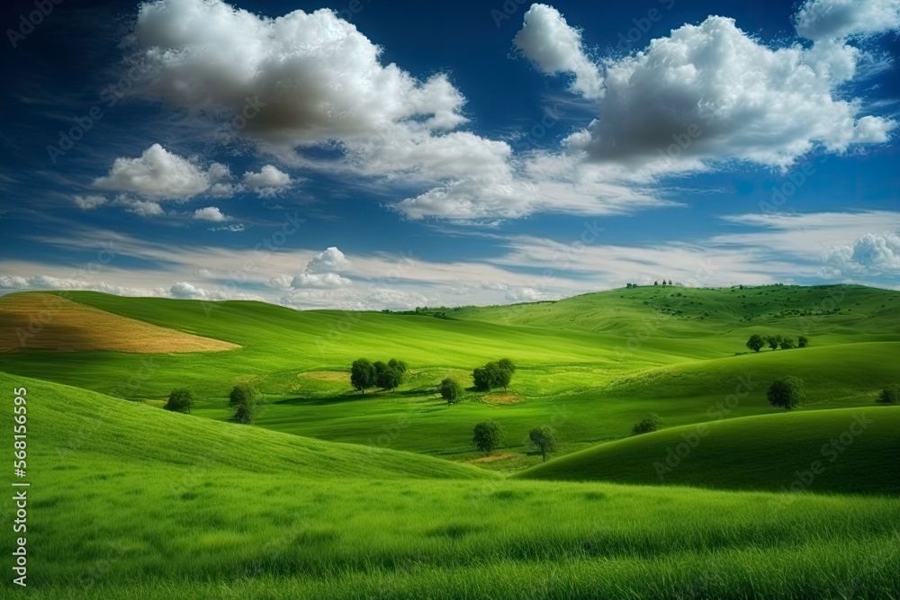 Green rolling hills with white clouds in blue sky background, generative ai
