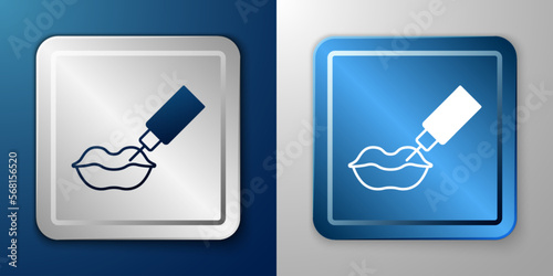 White Lip augmentation icon isolated on blue and grey background. Hyaluronic acid lips injection. Contour plastic. Silver and blue square button. Vector