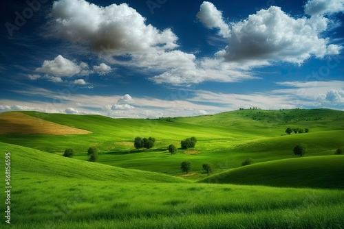 Green rolling hills with white clouds in blue sky background, generative ai