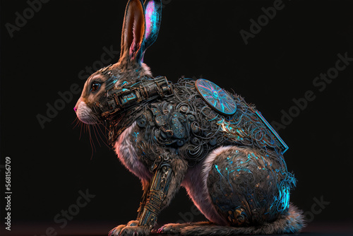 A cyberpunk battle bunny with a weapon created with Generative AI technology