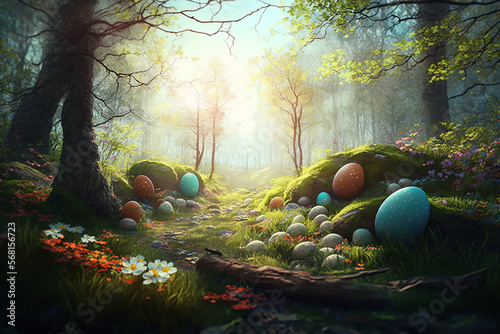Peinture féérique, clairière forêt avec oeufs de Pâques sur l'herbe au sol. fantastique (AI)