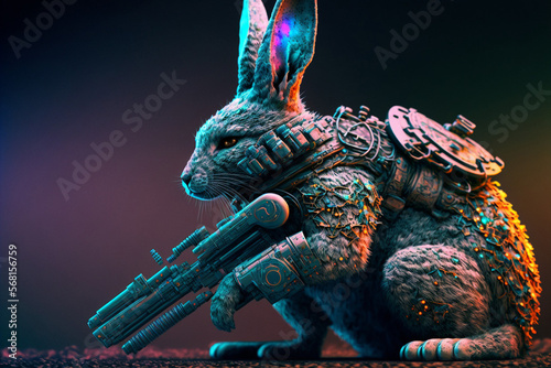 A cyberpunk battle bunny with a weapon created with Generative AI technology