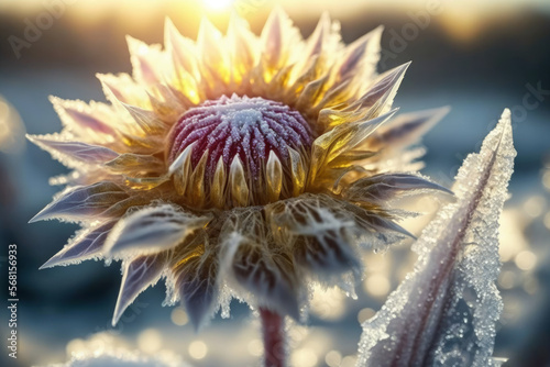 Rays of sun shining on a frozen flower  generative ai