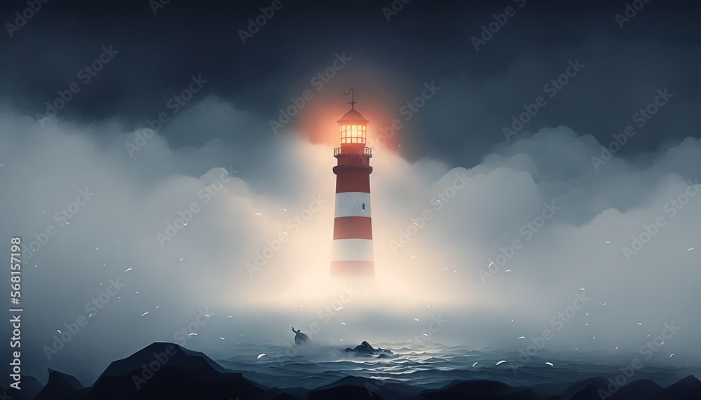  a lighthouse in the middle of the ocean with a boat in the water and a foggy sky behind it and a boat in the water.  generative ai