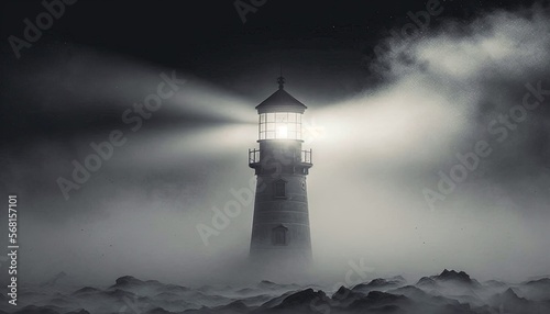  a lighthouse with a light on top of it in the middle of a foggy sea with rocks and a boat in the water below.  generative ai