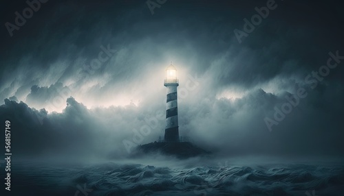  a lighthouse in the middle of the ocean with a light on it's top in the middle of a storm filled sky with clouds. generative ai