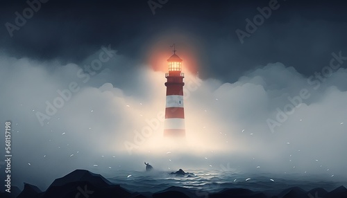  a lighthouse in the middle of the ocean with a boat in the water and a foggy sky behind it and a boat in the water. generative ai