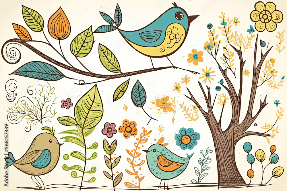 Spring nature scene with whimsical flowers and bird doodles, generative ai