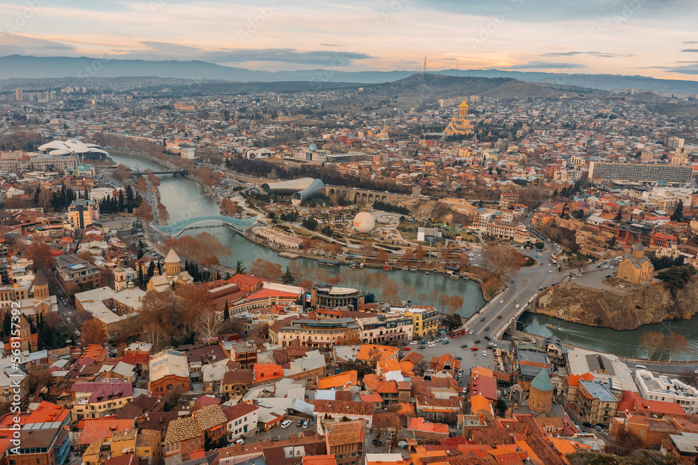 Panoramic aerial view of Tbilisi, capital of Georgia from drone