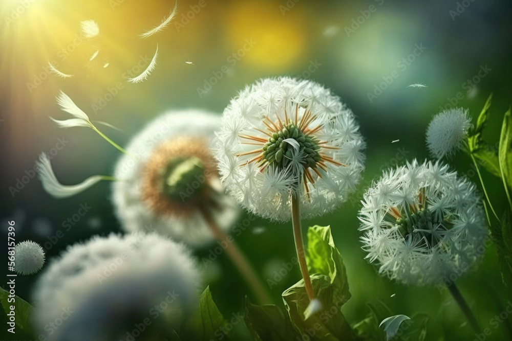 Springtime's freshness with white dandelions, generative ai Springtime's freshness with white dandelions, generative ai