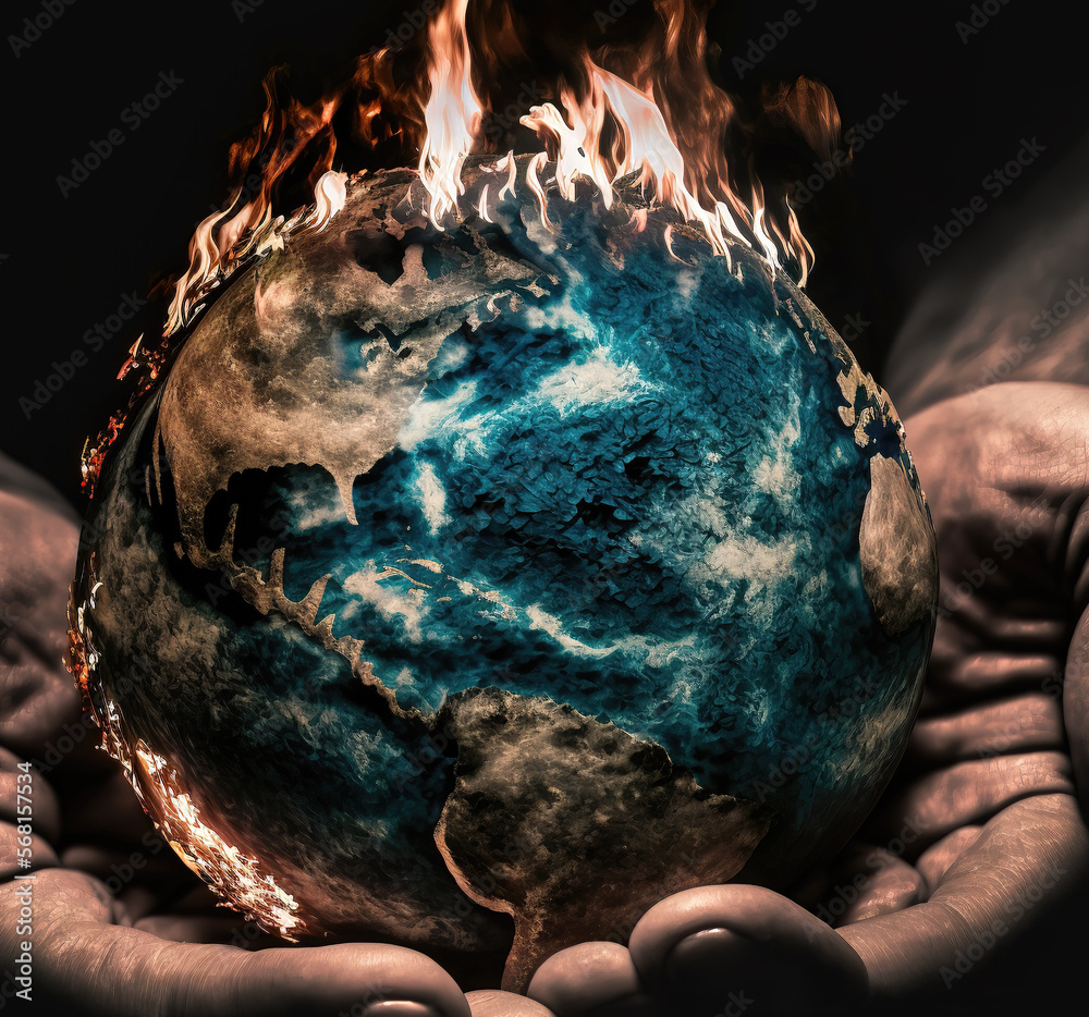 the earth is burning, world in fire while holding the in hands