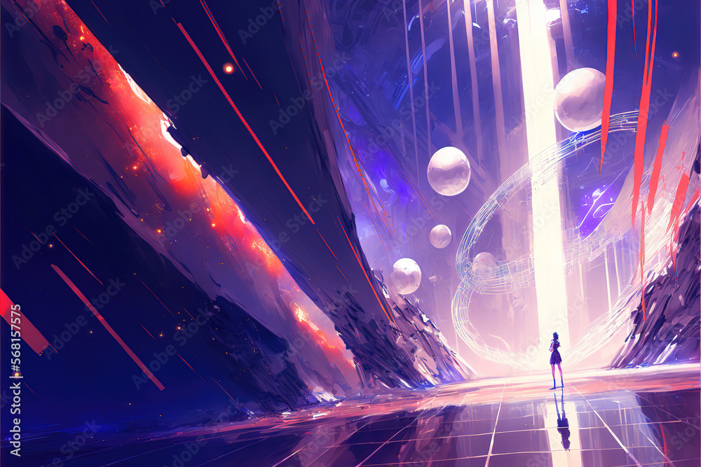 an anime illustration of a space station with a single person in background, generative ai technology