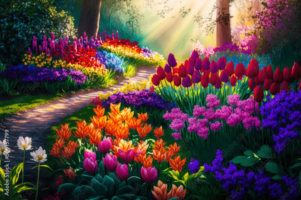 Vibrant flower garden during spring morning, generative ai