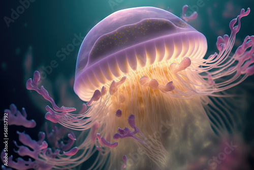 Macro of a stunning cassiopea andromeda jellyfish. Generative AI © AkuAku