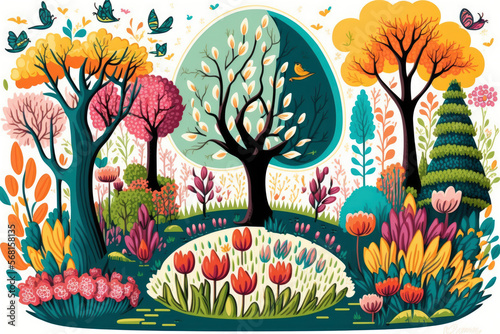 Vibrant spring park with hand-drawn elements and vibrant flowers, generative ai