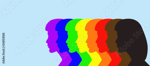 Women head silhouette Rainbow pride new design flag colors LGBTQ+ symbol Human rights concept Copy space Side view vector illustration Isolated on light blue background