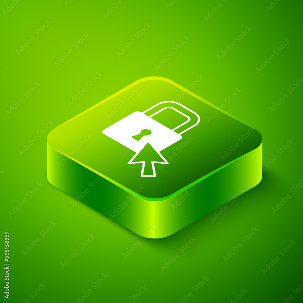 Isometric Lock icon isolated on green background. Padlock sign. Security, safety, protection, privacy concept. Green square button. Vector Isometric Lock icon isolated on green background. Padlock sign. Security, safety, protection, privacy concept. Green square button. Vector