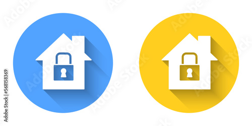 White House under protection icon isolated with long shadow background. Home and lock. Protection, safety, security, protect, defense concept. Circle button. Vector