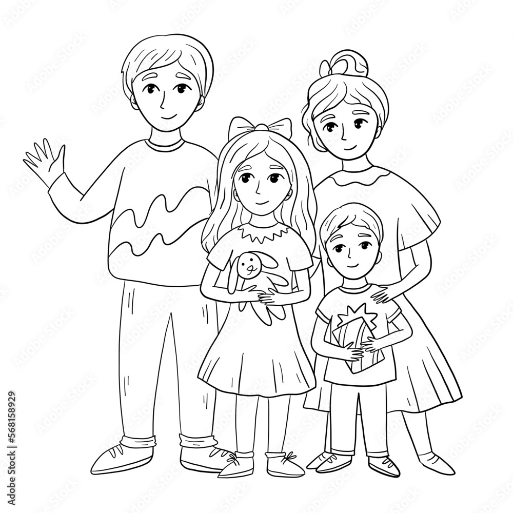 Family portrait in cartoon style. Mother, father, son and daughter ...