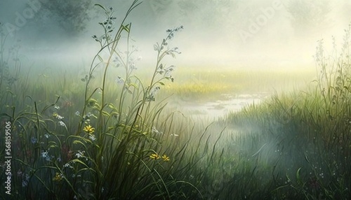  a painting of a foggy meadow with flowers and grass in the foreground and a pond in the background with water in the foreground. generative ai