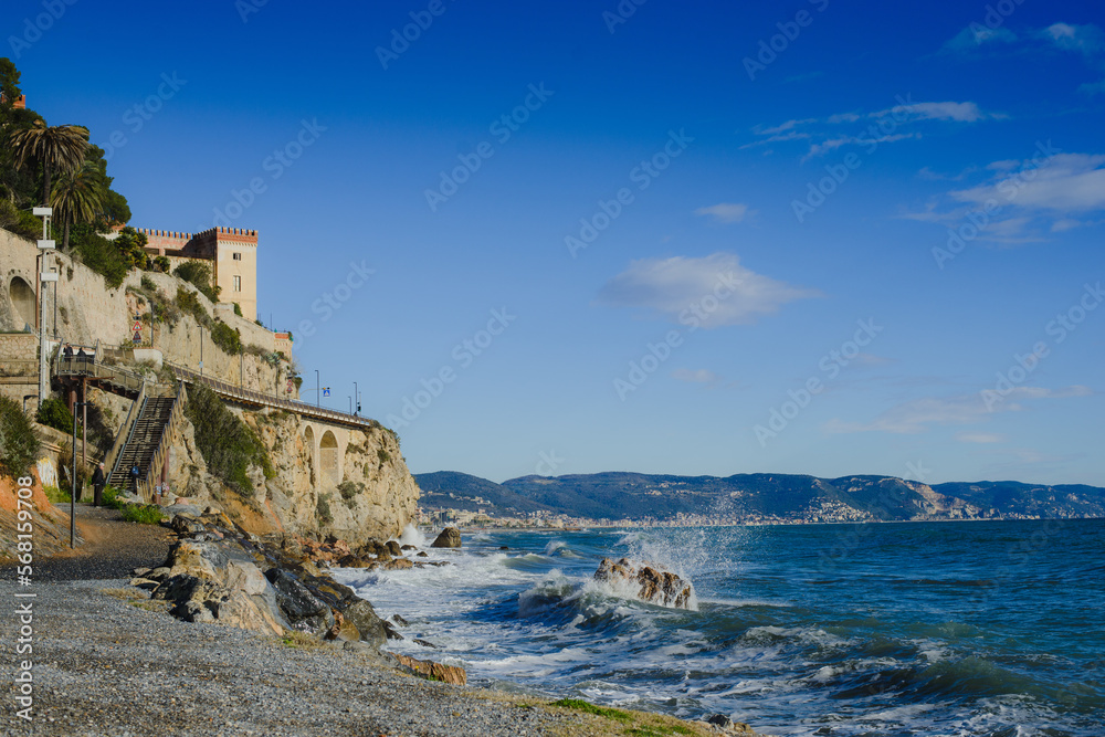 Ancient medieval castle fort on a mountain against the blue sky in Europe